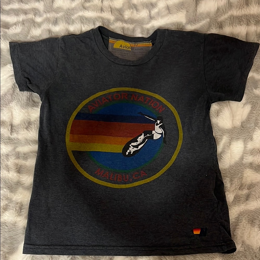 Aviator Nation Gray Short Sleeve Tee with Rainbow Graphic